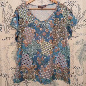Gloria Vanderbilt Women’s Bohemian Rhinestone Short-Sleeve V-Neck Top XL